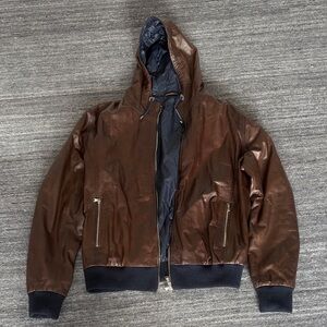 Men's Brown Leather Hooded Bomber Jacket